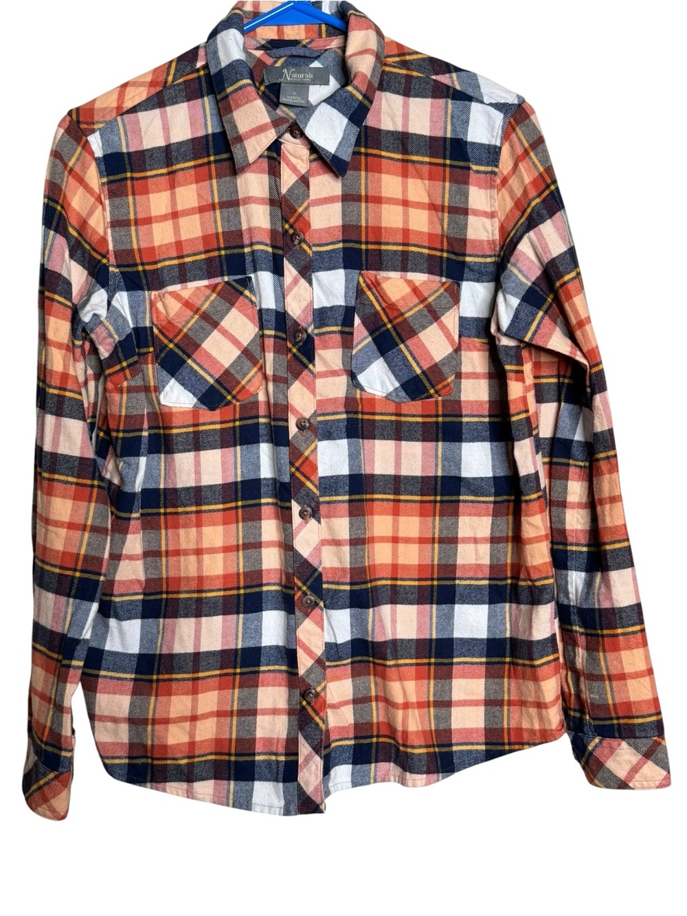 Natural Reflections Orange, Navy & White Button-Down 100% Cotton Shirt Size S